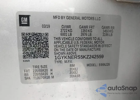 2019 Cadillac Xt5 Premium Luxury z USA, uszkodzony, nr VIN 1GYKNERS5KZ242559